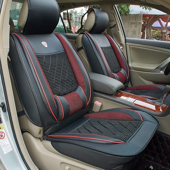 JSCARLIFE PU Leather Auto Car Seat Covers Universal Car Seat Cover Cushion Back Support Waist Massage (Black)