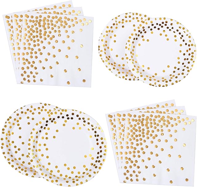 ANECO 98 Piece Gold Foil Party Tableware Set Party Supplies Disposable Dinnerware Paper Plates and Napkins for Party, Birthday, Wedding