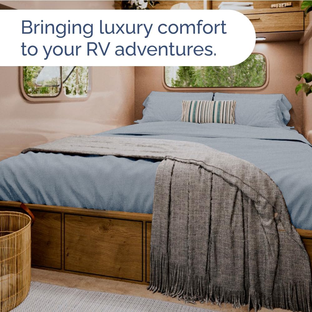 RV Short Queen Sheet Set 60 X 75 - 4 Piece RV Short Queen Bed Sheets - Soft, Breathable & Cooling - Designed for Bunks, Trailers & Campers - Fits 8” to 12" Mattress - Luxury Bedding - Heathered Blue
