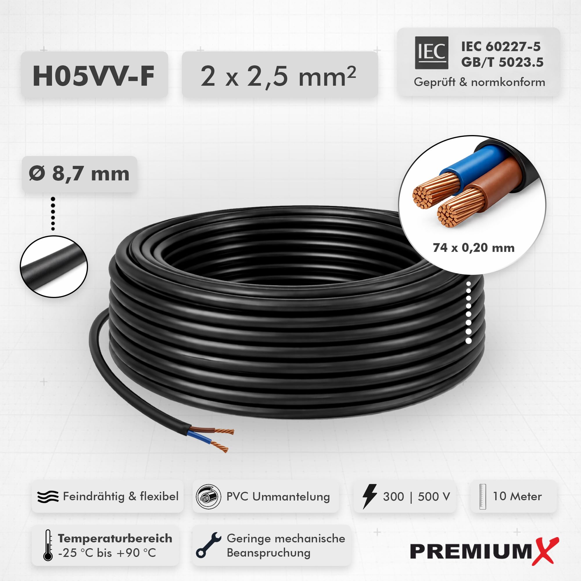 Premium X Tubo flessibile H05VV-F 2 × 2,5 mm² – Cavo flessibile in PVC per collegamenti elettrici interni – 10 metri