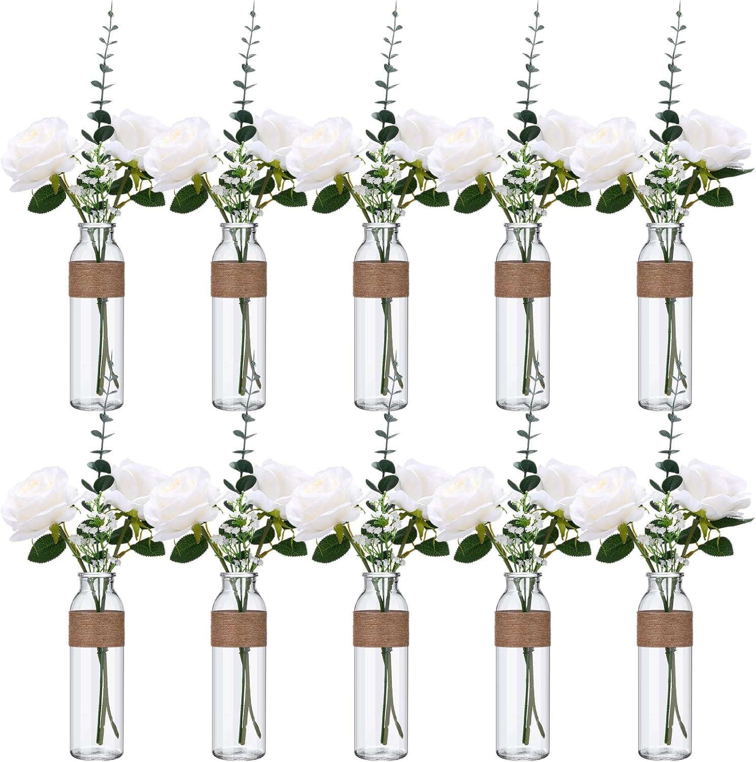 Qinyoung 10 Set Clear Glass Vase with Flowers Centerpieces 10 Clear Glass Jars 40 Artificial Plant with Rope Table Centerpieces for Wedding Rustic Baby Shower Party Farmhouse Home Decoration - Image 4