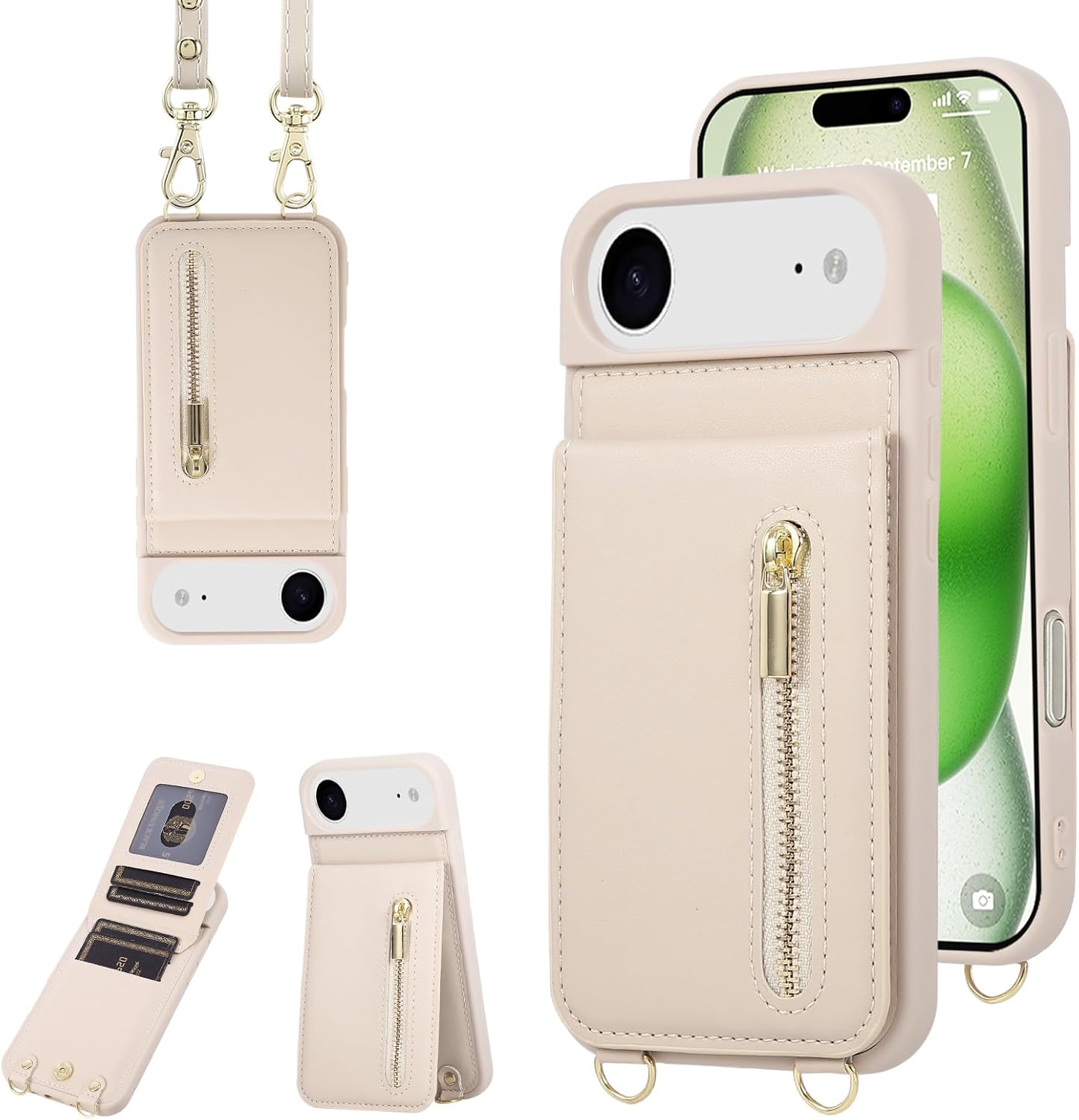 Crossbody Wallet Case for iPhone 17 Air, with Card Slots Zipper Pocket Case, Flip Folio Purse RFID Blocking with Detachable Strap-Beige