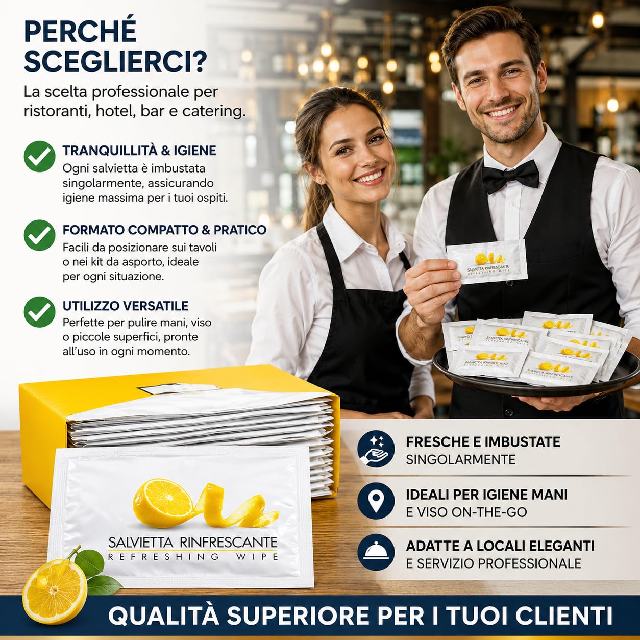 500 Salviette Umidificate Monouso Profumo (LIMONE) - Singolarmente Imbustate per Ristoranti, Hotel e Catering - Salviette Igienizzanti e Rinfrescanti per Mani e Viso