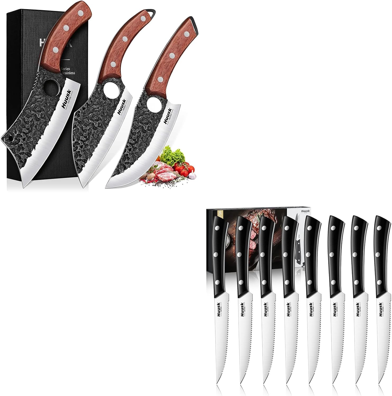 Huusk Butcher Knife Set of 3 Sharp Serrated Steak Knives Set of 8