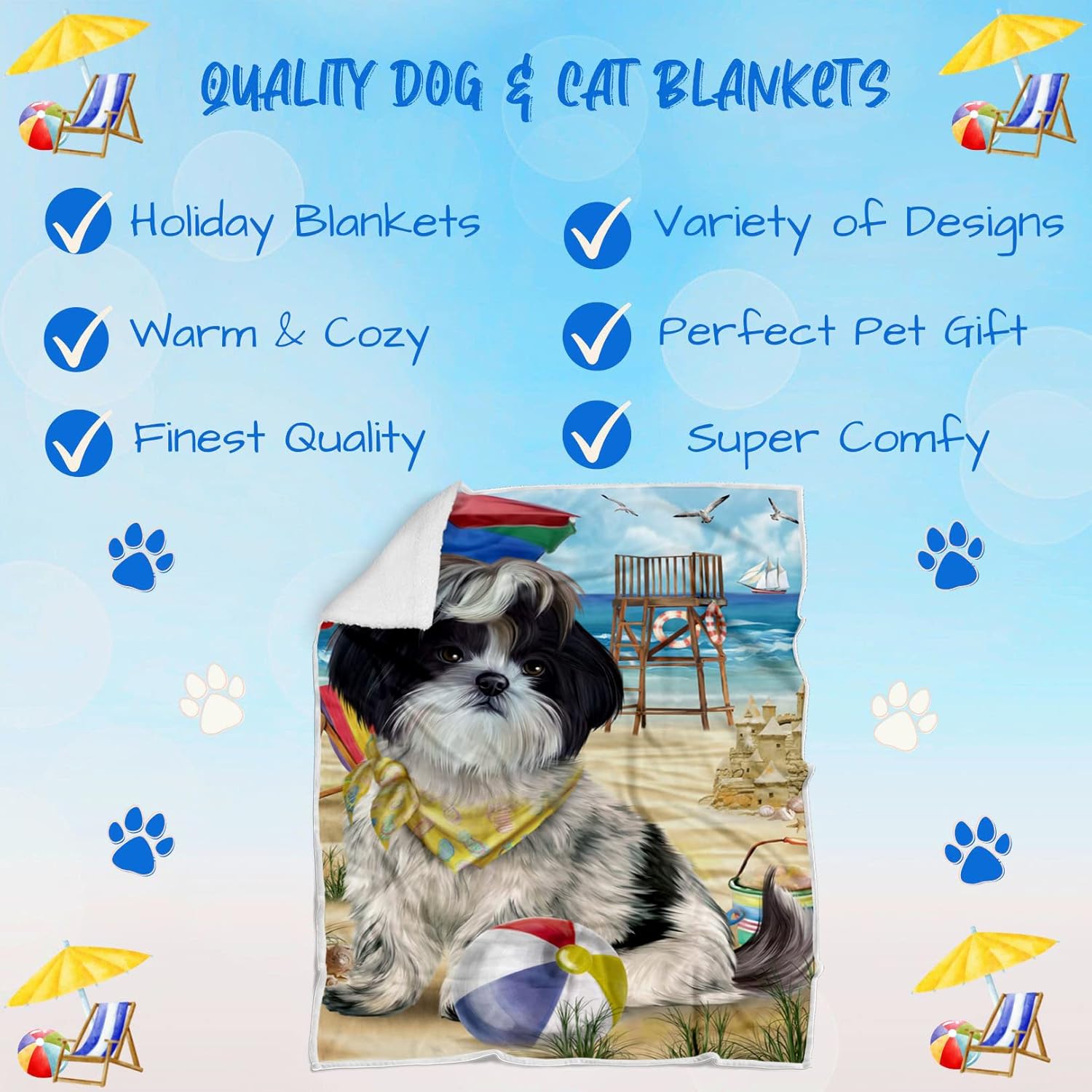 Pet Friendly Beach Shih Tzu Dog Blanket - Lightweight Super Soft Cozy and Durable Bed Blanket - Animal Theme Fuzzy Blanket for Sofa Bed Couch BLNKT56826 (30x40 Fleece)