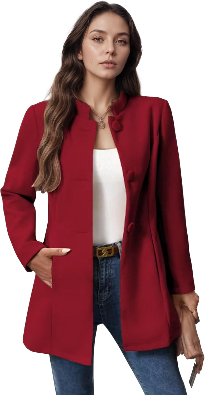 Winter Pea Coats for Women Mid-Long Stand Collar Single Breasted Coat Elegant Trendy Wool Blend Outwear with Pocket