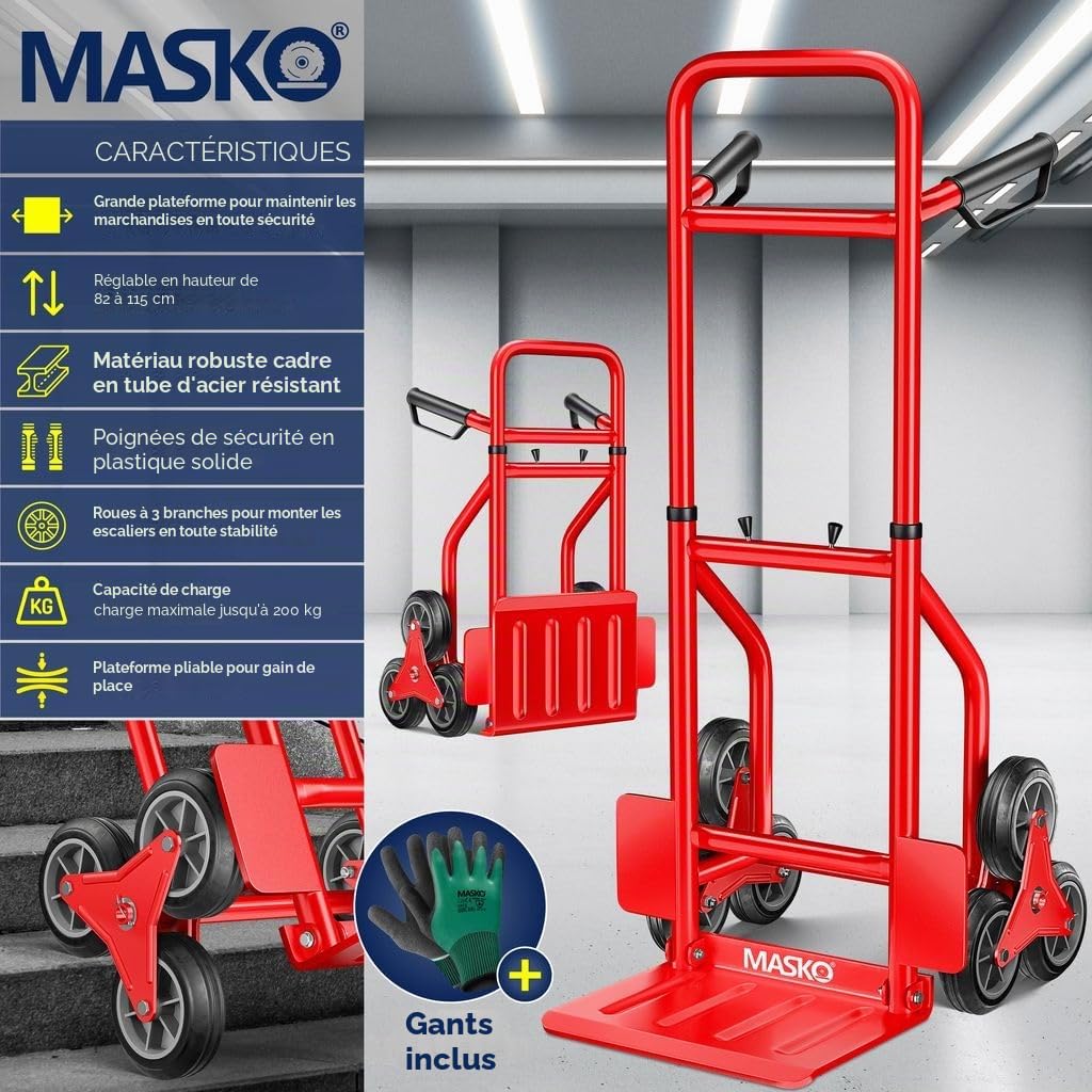 MASKO® Diable pour escaliers Diable 200kg, Pliable Pneus en Caoutchouc Dur | Poignées en Plastique | Cadre en Acier - Rouge