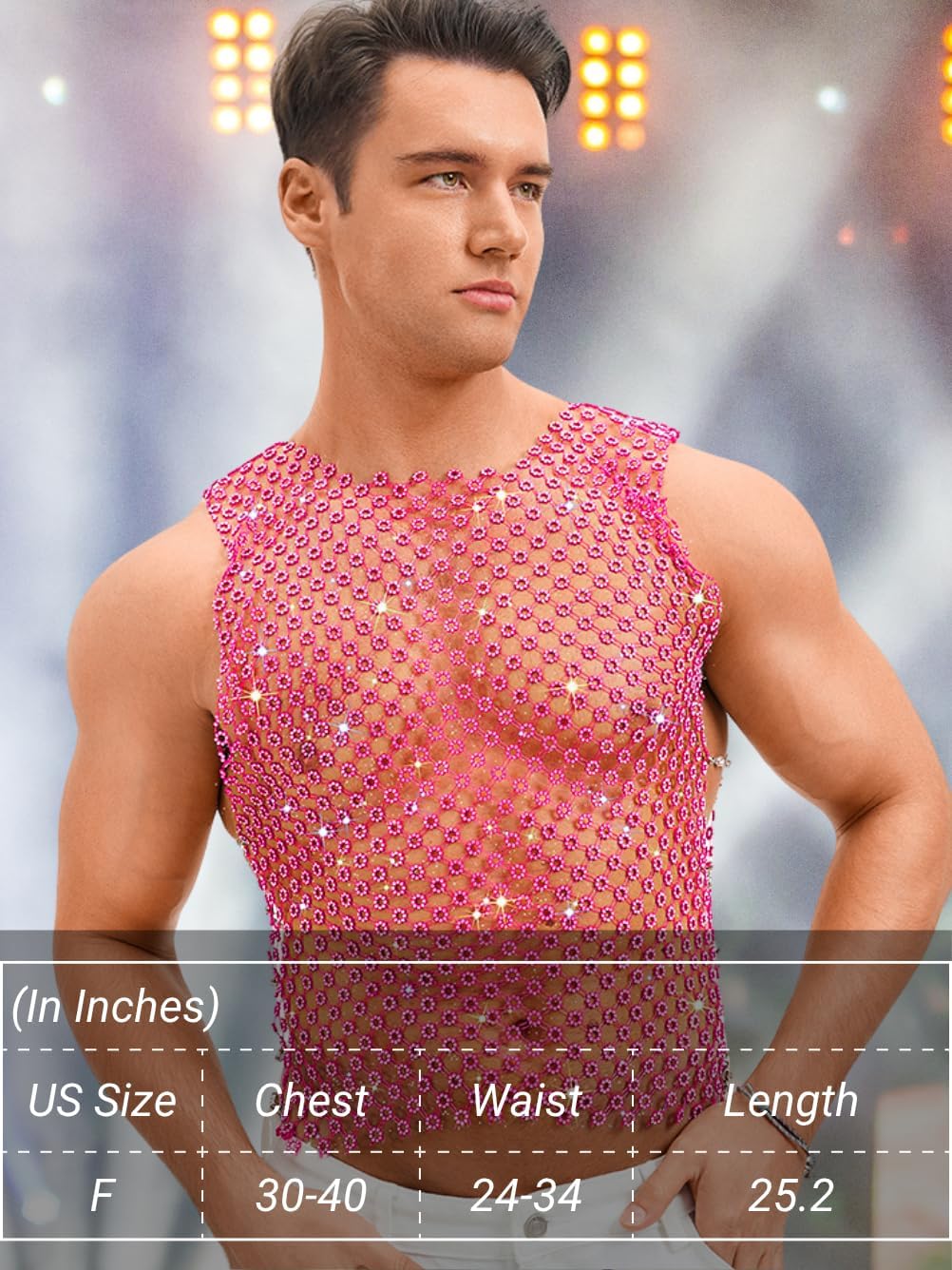 ChiaoLezhee Side Slit Chain Tank Tops, Sparkly Floral Rhinestone Fishnet Sexy Rave Festival Outfits (Fits Chest 30-40")