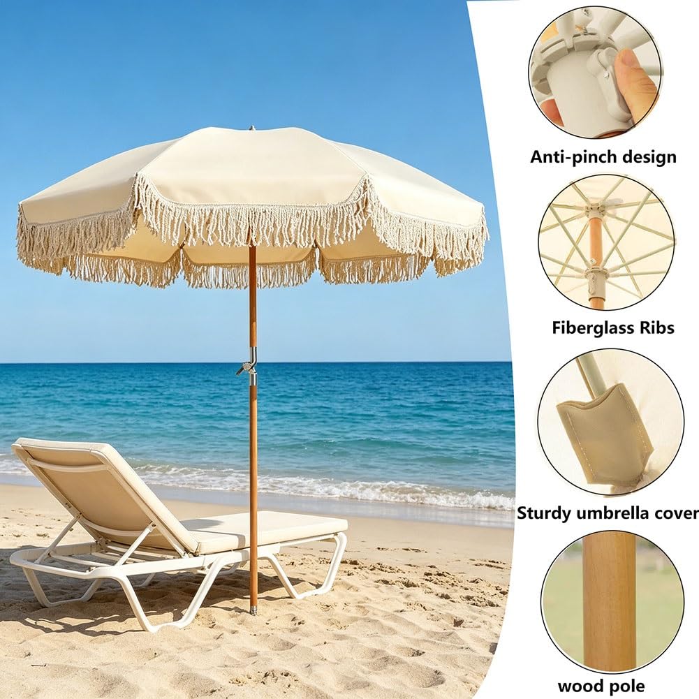 200 cm Parasol Plażowy Boho z Pochylanym Drewnianym Drążkiem, UPF 50+ Składany Parasol Przeciwsłoneczny z Frędzlami i Torbą Transportową