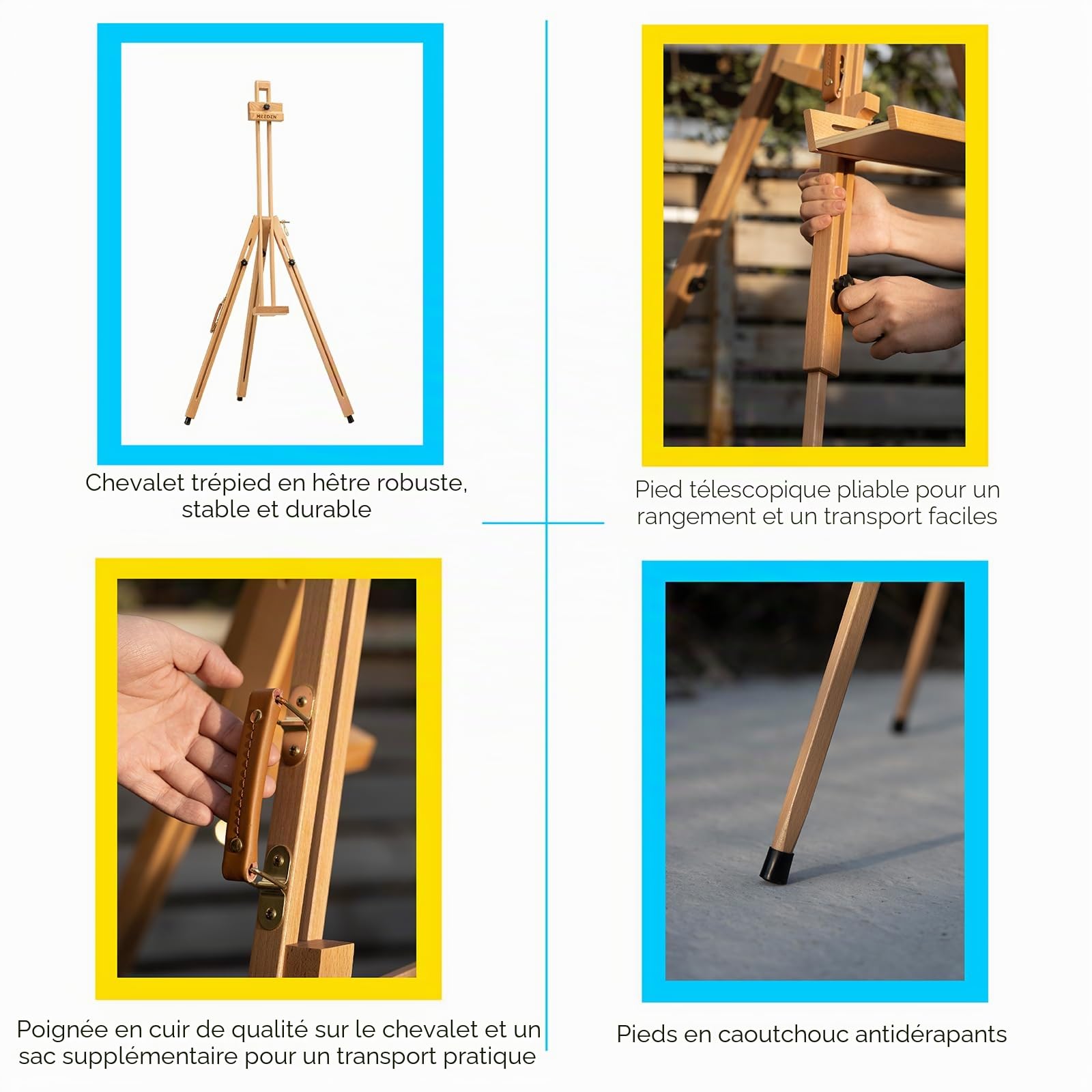 MEEDEN Chevalet de peinture sur le terrain pour trépied - Chevalet de trépied réglable et portable en bois de hêtre - Parfait pour les peintres