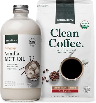 Natural Force Organic Ground Clean Coffee + Creamy Vanilla MCT Oil Bundle Flavored MCT Creamer & Mold & Mycotoxin Free Coffee Non-GMO, Keto, Paleo, and Vegan - 10 Oz Bag and 16 Oz Glass Bottle