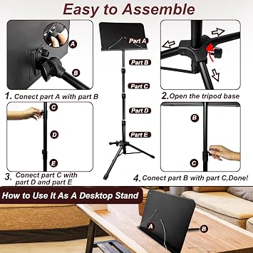 70IN Sheet Music Stand, Tall Music Stand for Sheet Music Height- Adjustable Music Sheet Stand with Carrying Bag for Guitar, Violin, Ukulele (33-70IN-B)