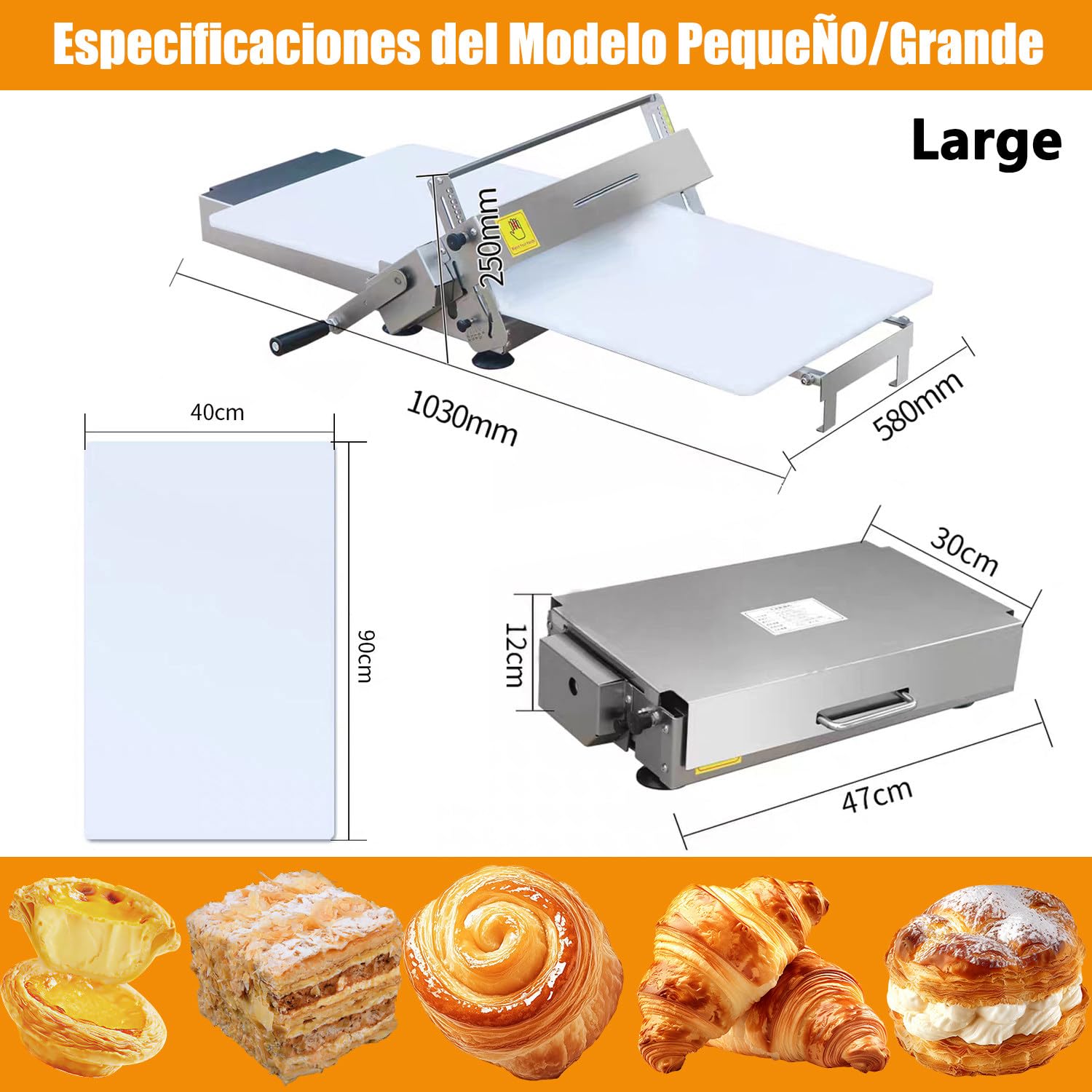 Laminadora de Masa para Hojaldre Manual Plegable | Sobadora de Masa Acero Inoxidable 304 Lavable con Agua | Dough Sheeter Compacta 3kg para Croissants, Pizza y Repostería Large