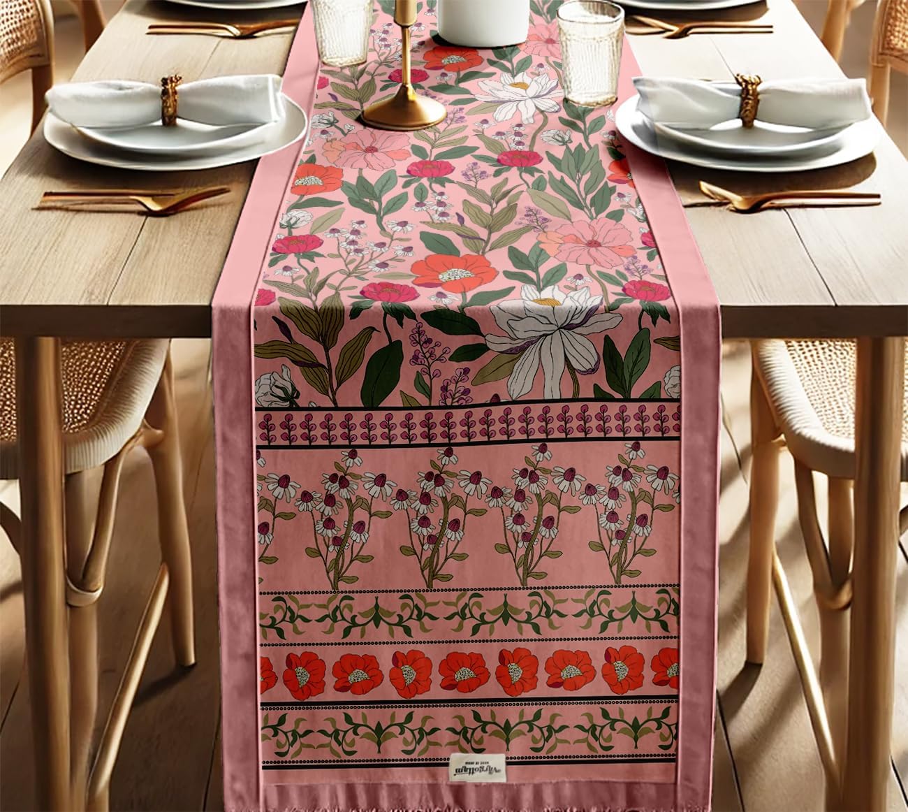 Double Layer Cotton Table Runner with Border - Floral Print, Machine Washable - Dining Table Décor for Farmhouse & Modern Homes