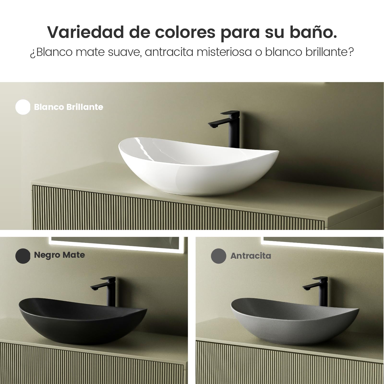 EMKE Lavabo para montar 615 x 360 x 155 mm,Blanco Brillante | Lavabo ovalado de cerámica para baño, instalación sobre encimera, lavabo para baño y WC de invitados