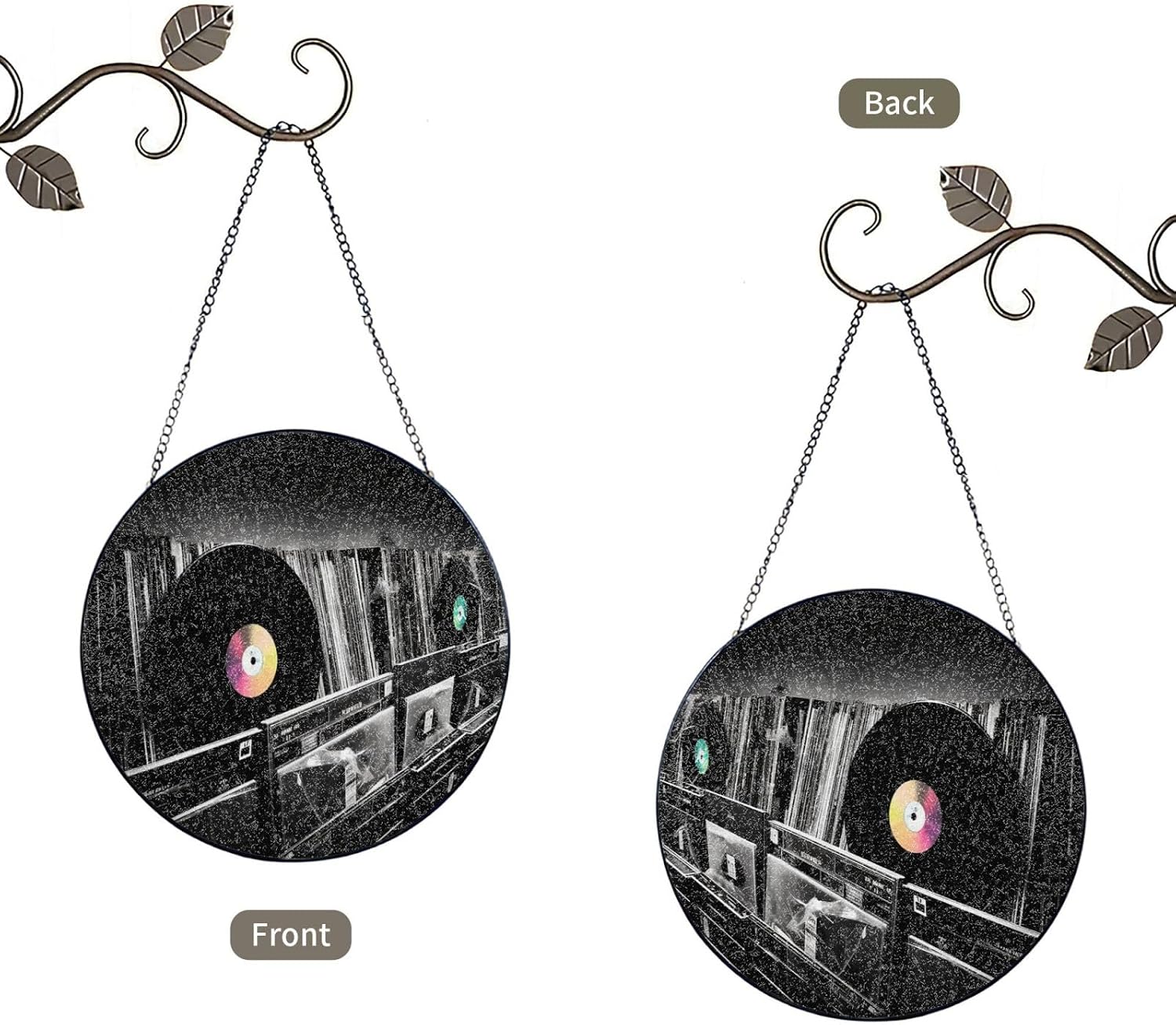 Stained Glass Window Hanging 6in（15cm）, Vinyl Records Glass Suncatcher for Home Decor, Indoor Wall Art Glass Panel with Metal Chain and Hooks, Sun Catcher Ornament Birthday Gifts