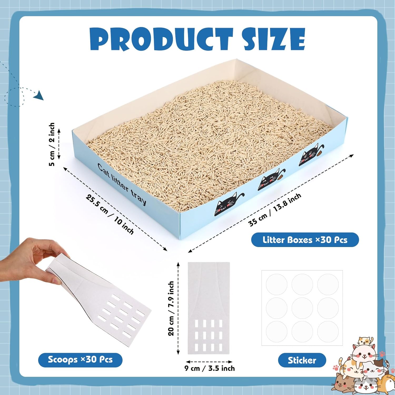Amyhill 30 Pack Disposable Litter Boxes for Cats with Disposable Scoop Foldable Travel Kitty Box Portable Double Layer Waterproof Litter Tray for Cats Small Pets, 13.8 x 10 x 2 Inch