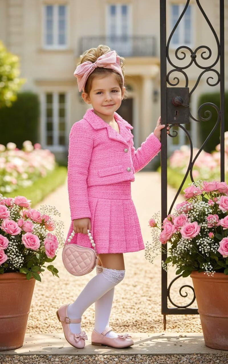 Girls 2 Piece Outfits Tweed Button Down Long Sleeve Jacket and High Waisted Mini Skirt Set