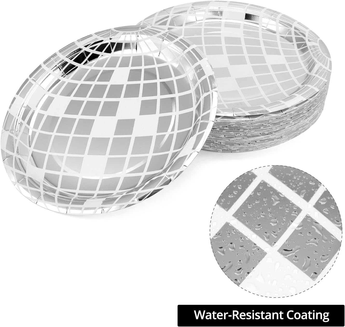 QWORK Silver Disco Ball Themed Party Plates - 7" Water-Resistant Paper Dinner Plates, 70s Disco Party Supplies Bachelorette Plates for Weddings, Birthdays, Bachelorette Parties, Pack of 50