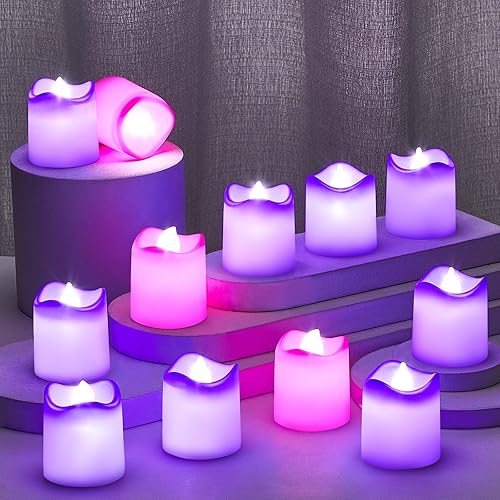 Juego de 12 velas LED de adviento sin llama, velas de té LED de adviento con pilas, velas votivas de Adviento moradas y rosas para rituales de