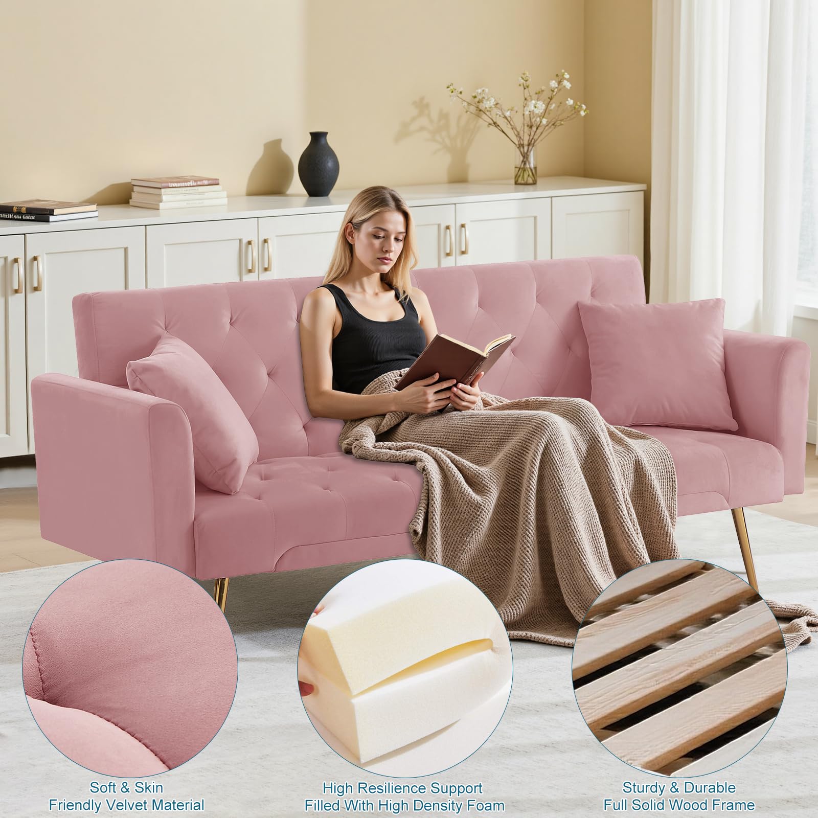 71.65'' Convertible Sofa Bed Modern Futon Set, Velvet Foldable Reclining Loveseat, Three Adjustment Angles,Mid Century Modern Couches for Living Room/Bedroom/Apartment, Easy Assembly,Pink