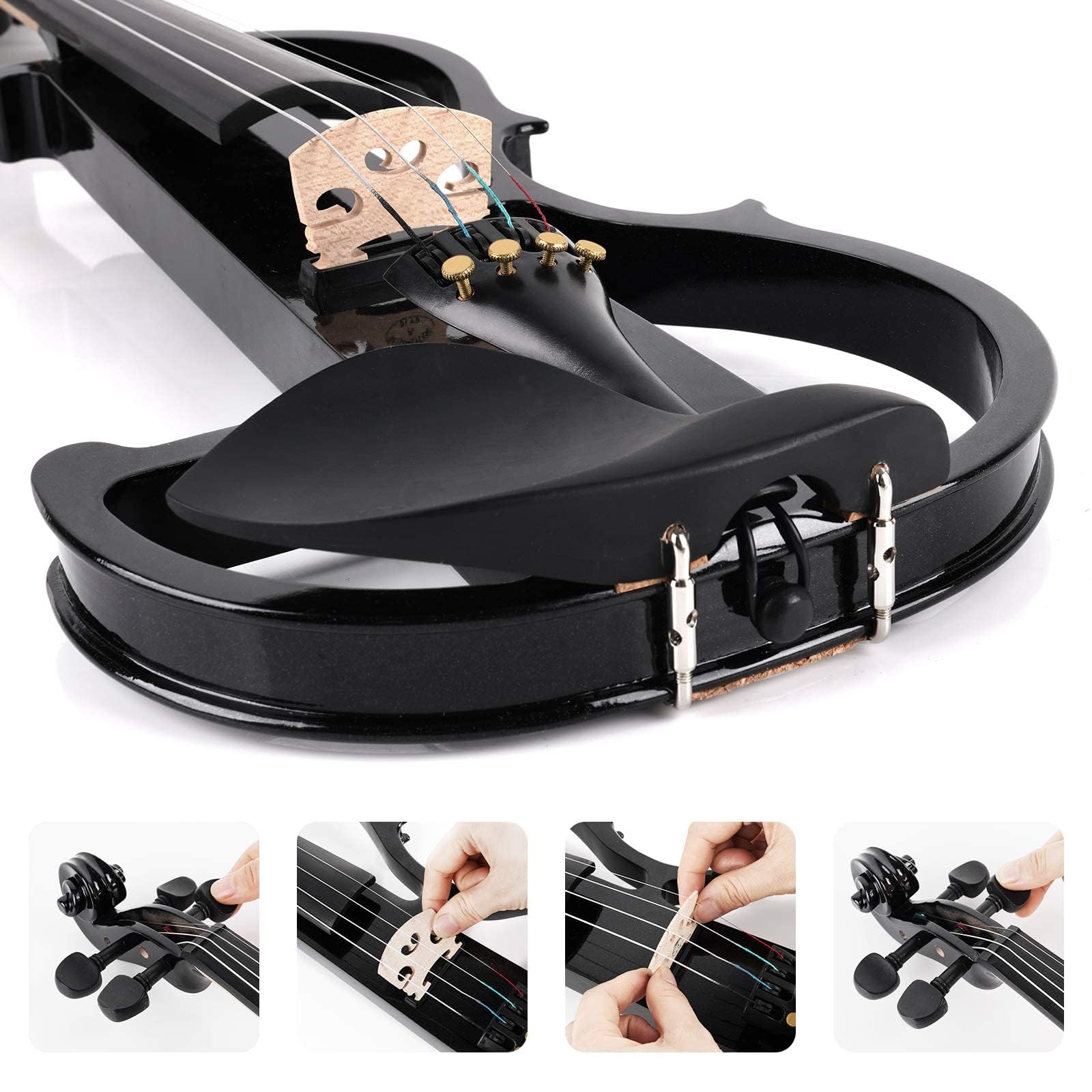 Vangoa 4/4 Elektrische Violine E Geige aus Massivem Holz Electric Stille Violine in Volle Größe mit Kolophonium, Tragetasche, Audiokabel, Schulterstütze, Bogen, Schwarz