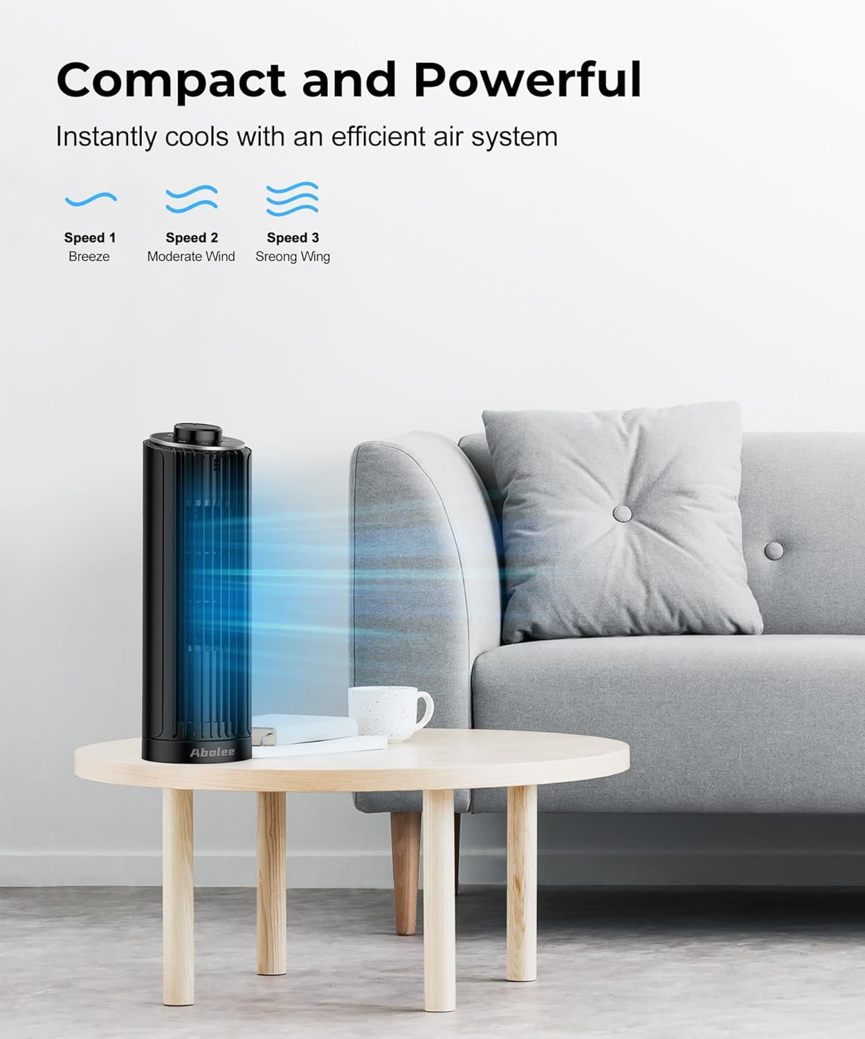Abolee Tower Fan, 23ft/s Desk Fan, 70° Oscillating Table Fan for Bedroom, Standing Table Fan with 3 Modes, 2024 New 13 Inch Bladeless fan for Bedroom, Home,Office Gray