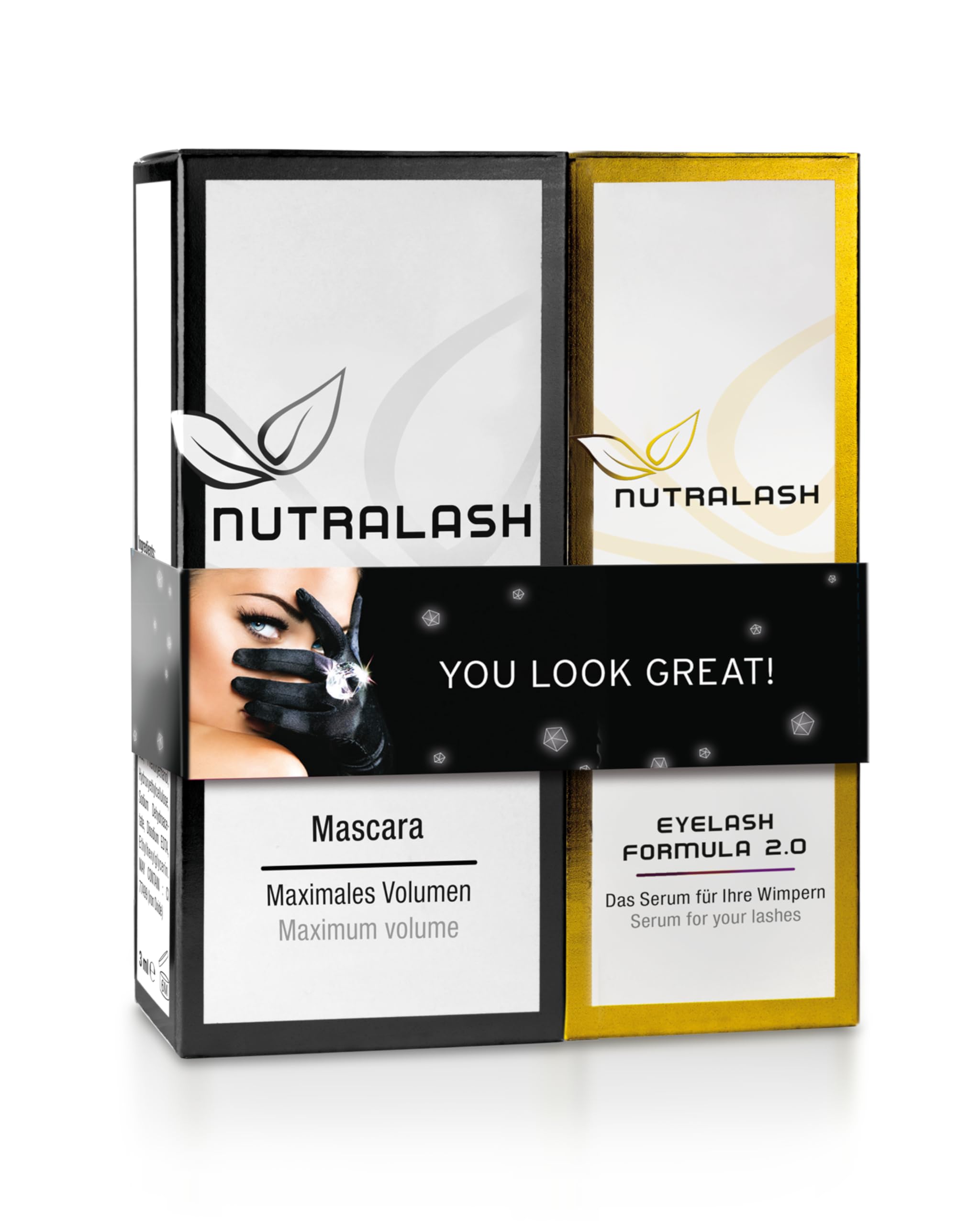 Nutralash – korzystny zestaw do rzęs i rzęs Formula 2.0, tusz do rzęs zapewniający maksymalną objętość, serum wspomagające wzrost rzęs, pielęgnujący tusz do rzęs z kwasem hialuronowym, 5 ml i 1 ml