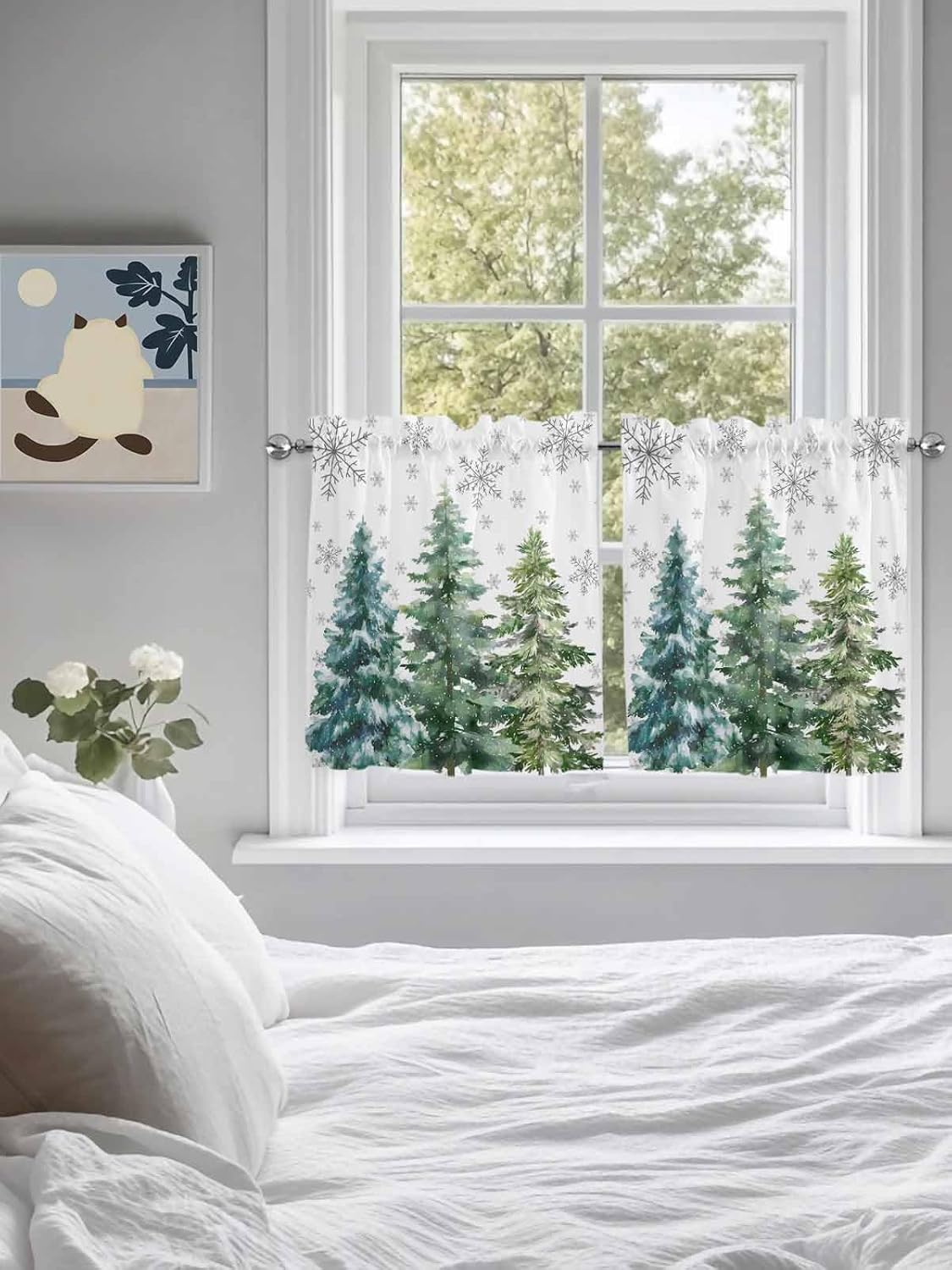 Christmas Tree Kitchen Curtain 36 Inch Length Small Short Cafe Tiers Curtains Drape, 2 Panel Window Treatment Rod Pocket Drapery Panels Curtains, Froest Winter Pine Tree Snowflake 55x36