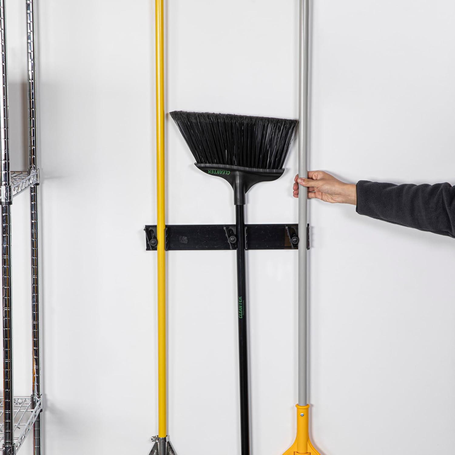 Restaurantware 17.7 Inch Snap-In Design Mop Holder, Black Plastic, 3 Customizable Slots, Screws Included