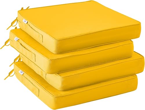 IPYNBAP Outdoor Chair Cushions Set of 4,Waterproof Outdoor Seat Cushions for Patio Furniture,Patio Chair Cushions with Handle and Ties,Square Corner Outdoor Chair Pads,19" x 19" x 3", Yellow