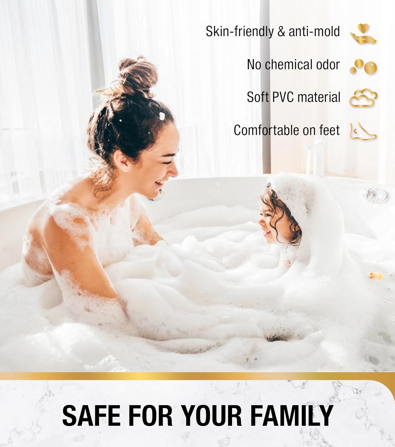 Mother and child safely bathing on a HITSLAM bath mat