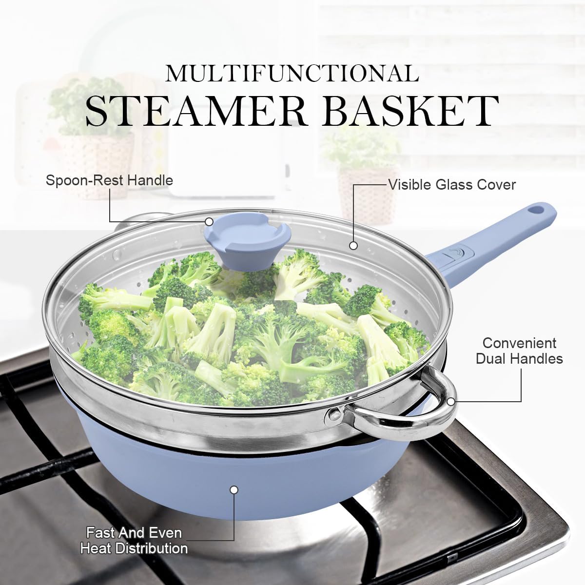 12 Inch Steamer Pan with Lid, Deep Frying Pan Skillet Nonstick