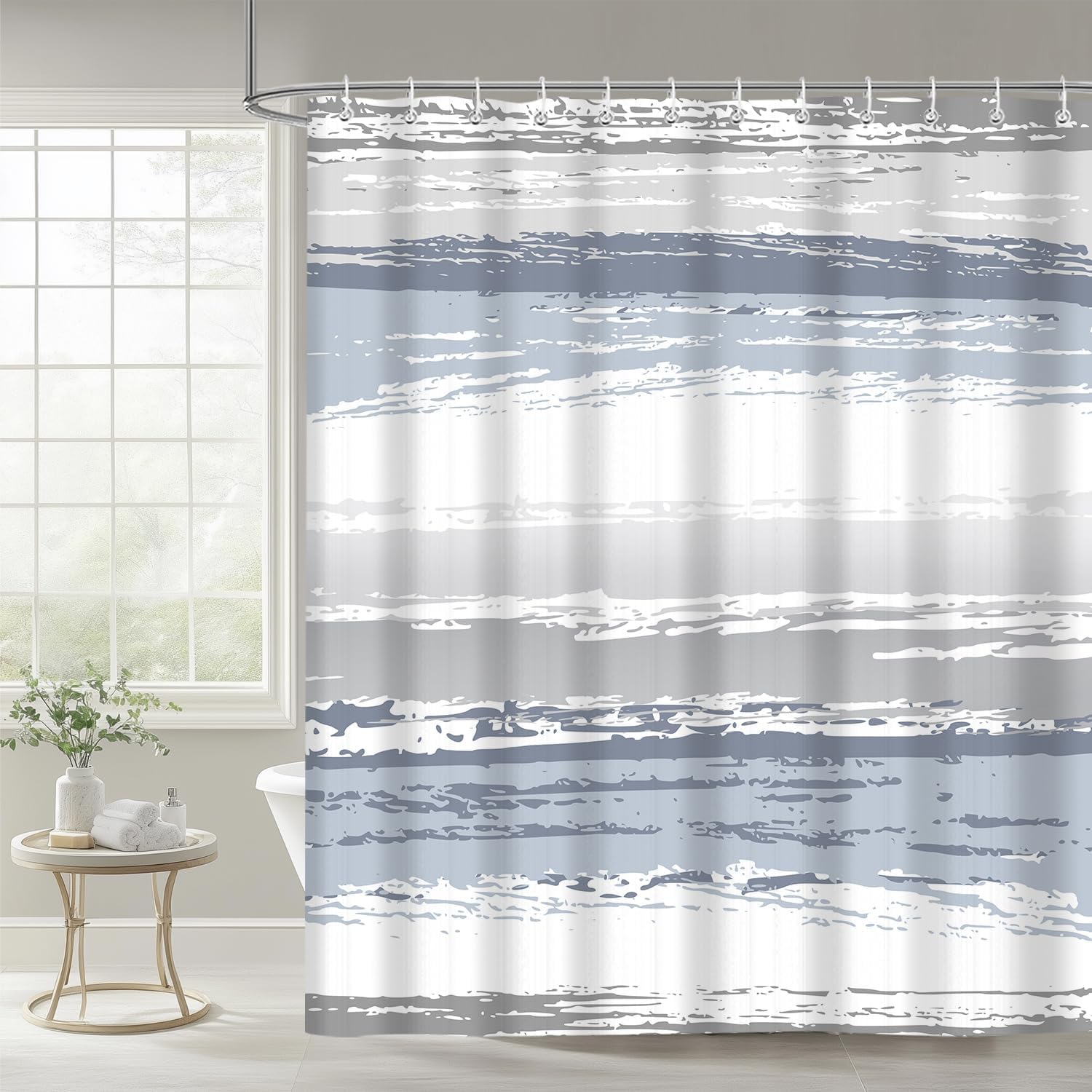 Abstract Striped Shower Curtain, Blue White Gray Aesthetic Minimalist Art Modern Fabric Showers Crtains Set for Bathroom Decor, Washable Waterproof with Hooks 72x78 Inch