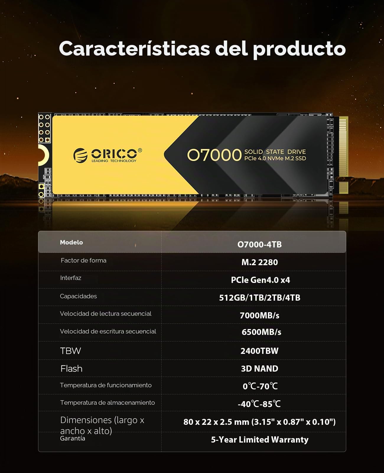 ORICO M2 SSD 4TB, NVMe SSD M.2 con Disipador, PCIe 4.0 x 4, hasta 7000MB/s, SLC Cache 3D NAND, M.2 2280 SSD Interna para PS5, PC de Sobremesa y Portátiles-O7000