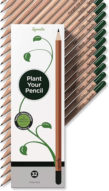 Sprout | Teacher's Edition | Graphite Plantable Pencils with Flower, Herb & Vegetable Seeds | Eco-Friendly Organic Wood | Prime Sustainable Gift for Teachers, Creative Kids & School Students | 32 Pack