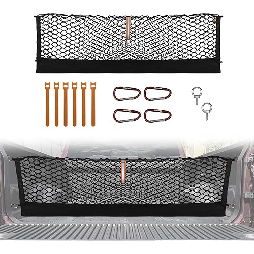 Muslogy Truck Bed Cargo Net Trunk Netting Compatible with Dodge Ram 1500 2019-2025 2026 Accessories, Pickup Cargo Organizer SUV Sedan Storage Net w/Heavy Duty Carabiners