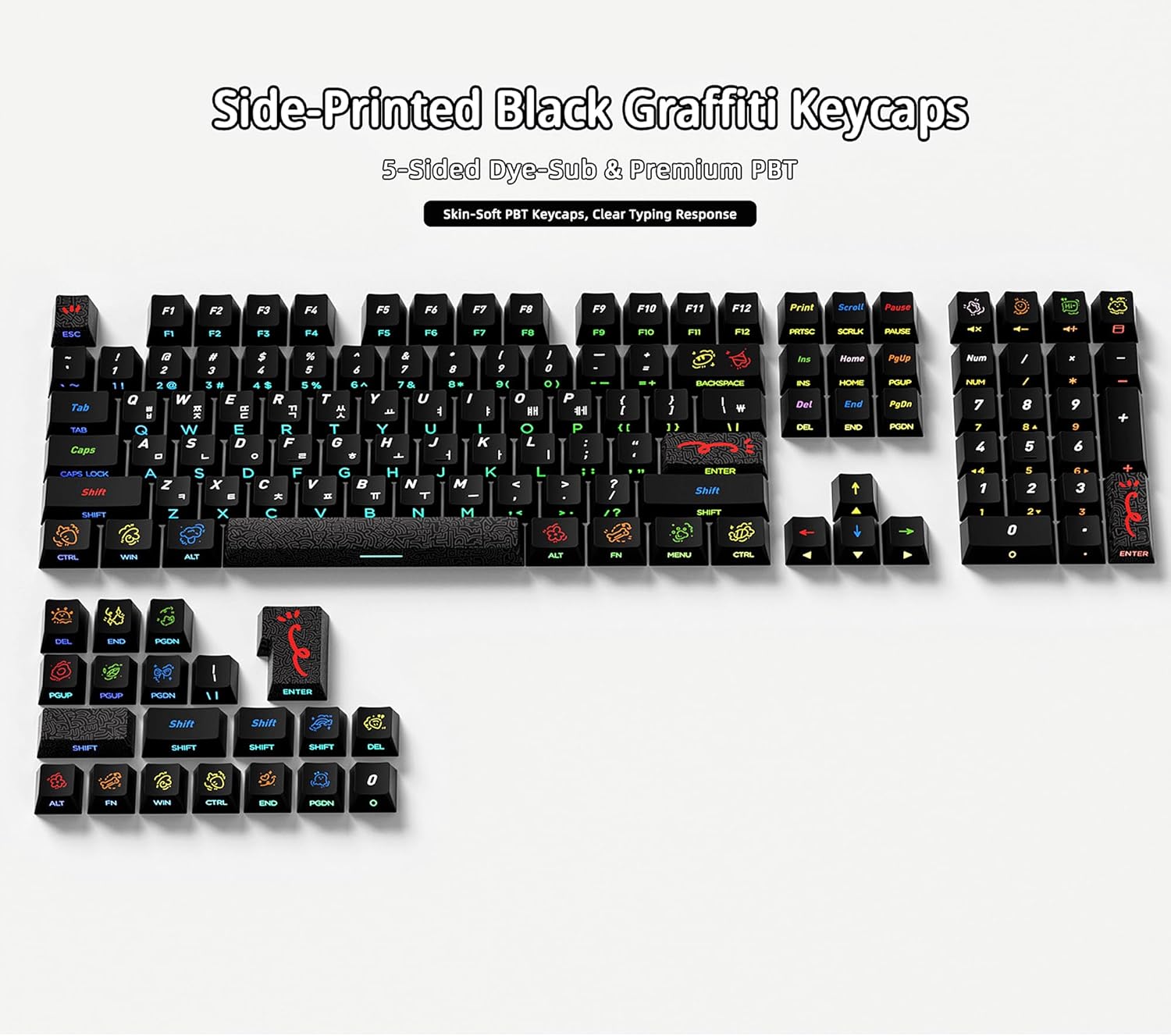 Korean Backlit Keycaps Side Printed DIY for MX Mechanical Keyboard Removable PBT Keycaps Set for 61 87 104 Full Size Mechanical Keyboard (Keycap Only) (Korean Graffiti(Cherry Profile))