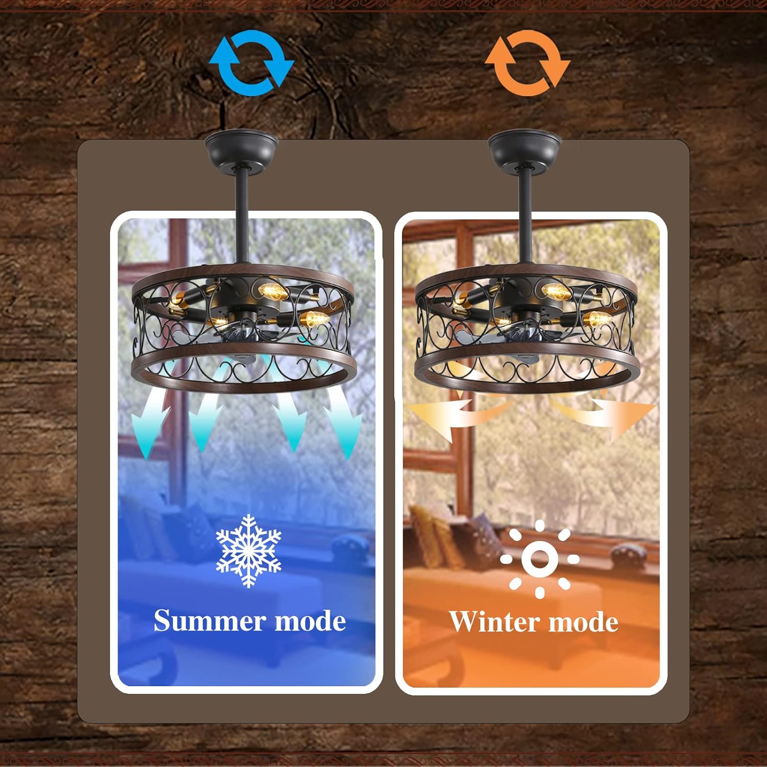YUEGOO Ceiling Fans with Lamps,Vintage Cage Quiet Fan Chandelier Ceiling Light Dc Reversible Industrial Style 6 Speed Timer Ceiling Fans with Lights and Remote Control for Bedroom Dining Room/Brown