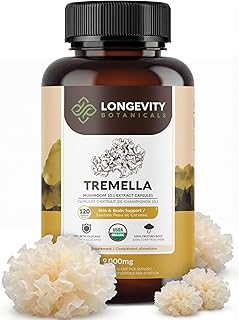 Organic Tremella Mushroom Capsules Supplement (120) | Fruiting Body 10:1 High Strength Snow Fungus Extract | 10% Beta-D Glucans | 9,000mg Raw Equivalent Per Serving | Skin Hydration & Brain Support