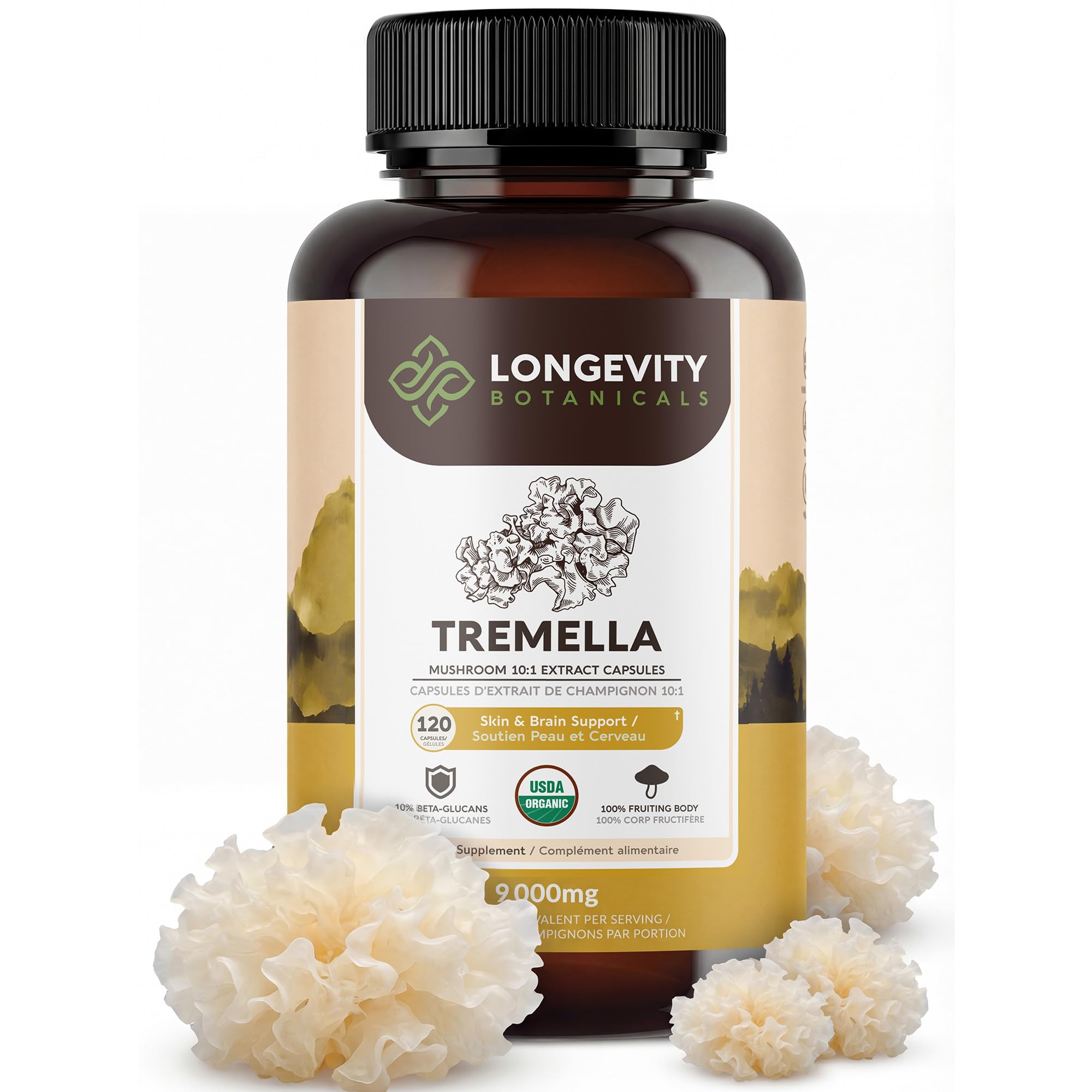 Organic Tremella Mushroom Capsules Supplement (120) | Fruiting Body 10:1 High Strength Snow Fungus Extract | 10% Beta-D Glucans | 9,000mg Raw Equivalent Per Serving | Skin Hydration & Brain Support