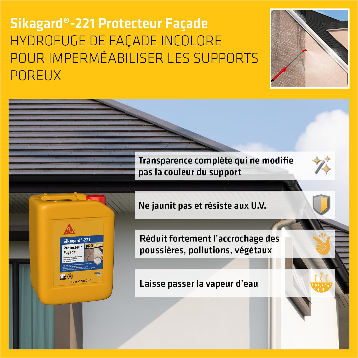 SIKA - Hydrofuge imperméabilisant façade et mur - Sikagard 221 Protecteur Façade - Améliore la résistance aux salissures - Multisupports - Application facile - Prêt à l'emploi - Pour 12 à 50m2-5L