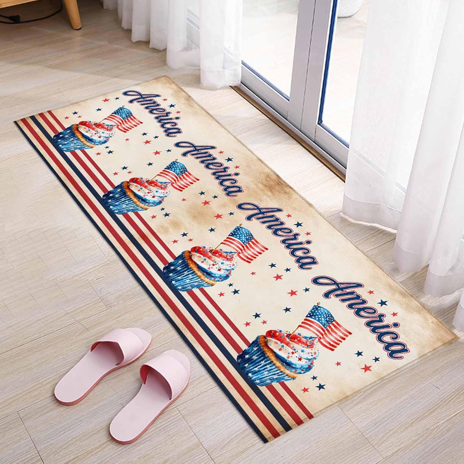 Teamery Kitchen Mats for Floor America Flag Ice-Cream Washable Non Slip Kitchen Rugs 1PCS, Red Blue Striped Stars Absorbent Standing Mats for Sink Bathroom Office Living Room 15.7x47.2in