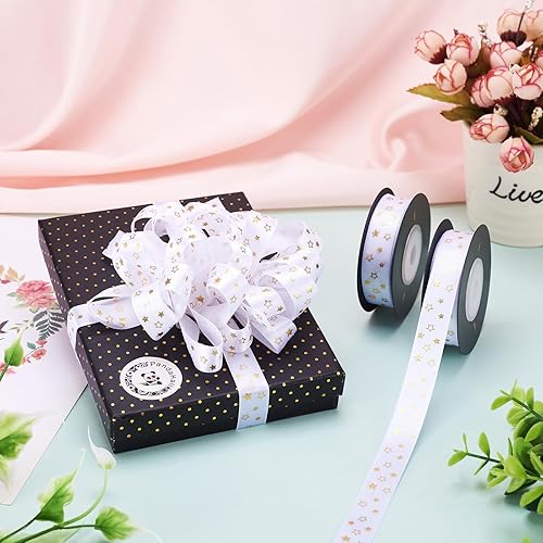 Miniatura 3 de Pandahall - 2 rollos de cinta de satén con estampado de estrellas de 5/8 pulgadas de ancho, cinta decorativa blanca con lámina dorada para envolver