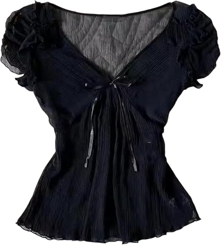 Coquette Ruffle Tops Women Cute Summer Lace Peplum Babydoll Top Teen Girls Y2k Grunge 2000s Cottagecore Clothing