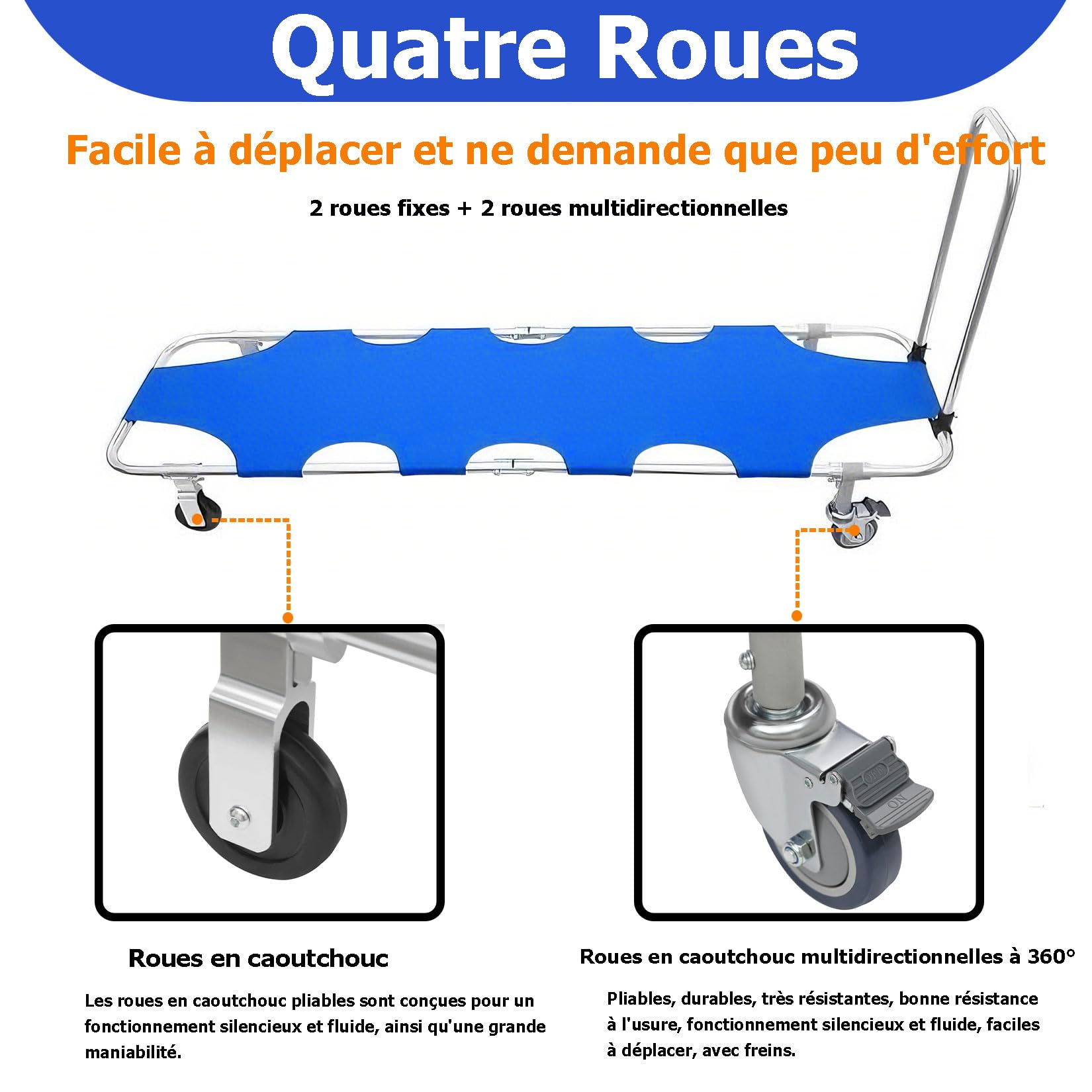 Civière Pliable et Portable avec Roues,Pliant Brancard avec 4 Roues et Ceinture de Sécurité,Civière Médicale en Aluminium,Patient Portable d'urgence Transport Brancard,Avec tige de poussée-traction