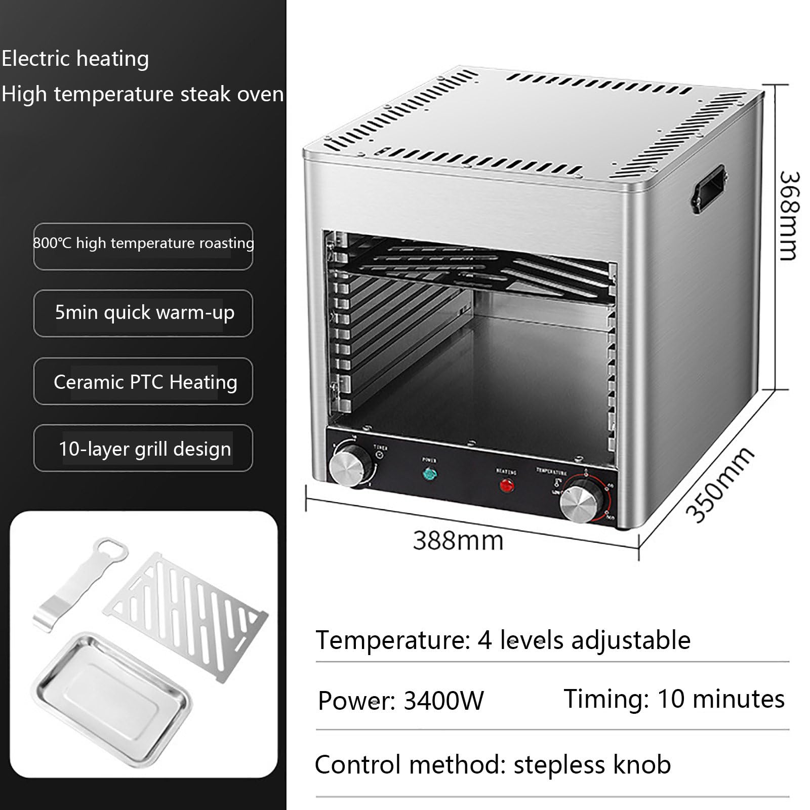 Grill do steków Gourmet (3400 W), jakość stekowniana, ceramiczne podgrzewanie do 800 ℃, wewnętrzna elektryczna stacja do grillowania i przypiekania, stal nierdzewna