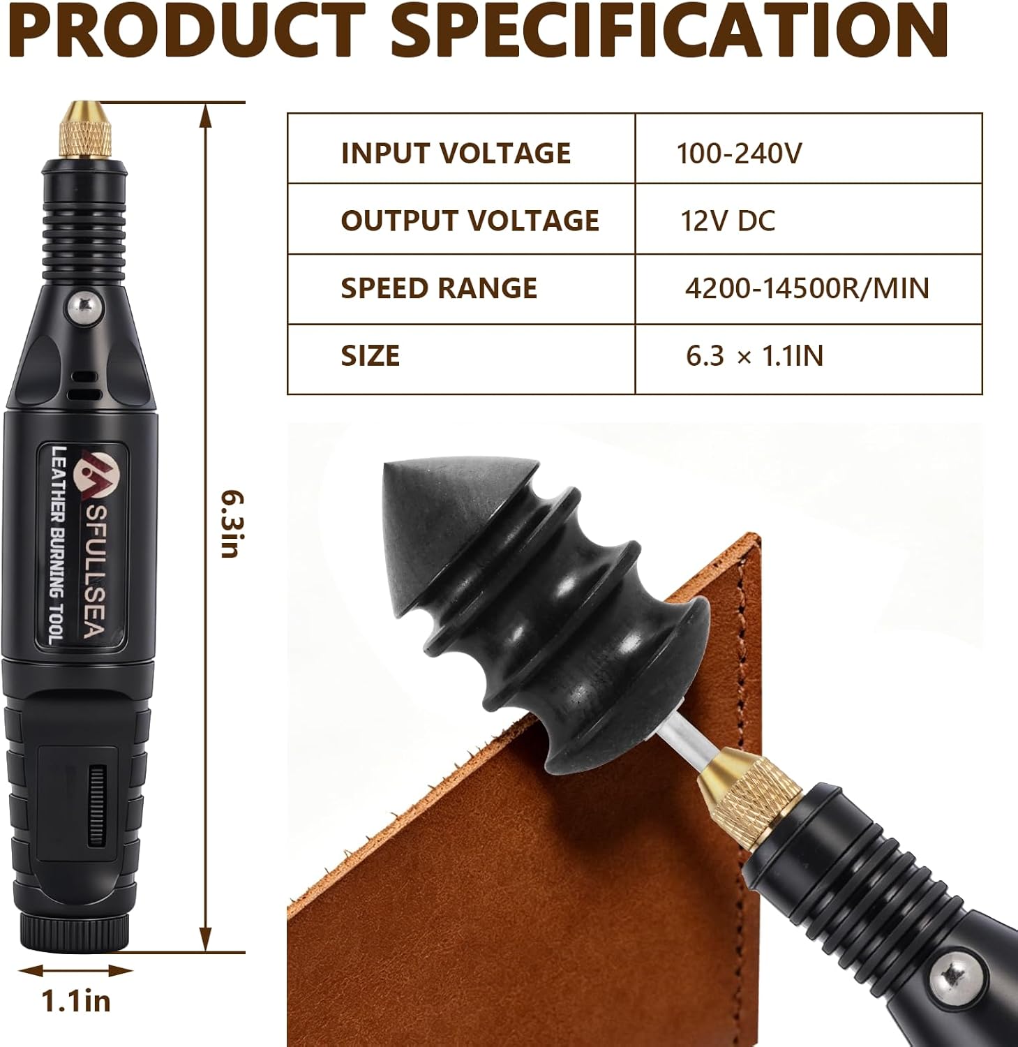 Leather Burnishing Tool Handheld Leather Edge Polishing Machine with 10-Piece Ebony Burnishing Heads Stepless Speed for Leatheredge Polishing Smoothing and Craft DIY