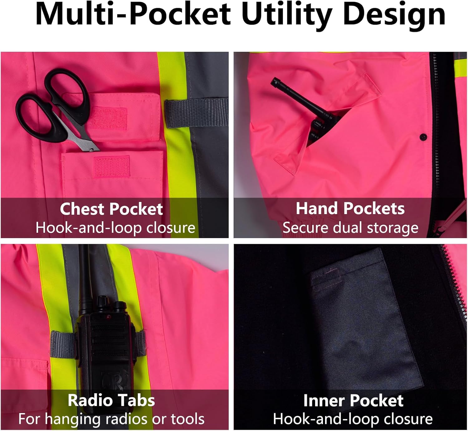 Hi Vis Safety Jacket for Women Winter ANSI Waterproof Pink Reflective Rain Bomber with Hood & Pockets - Image 4