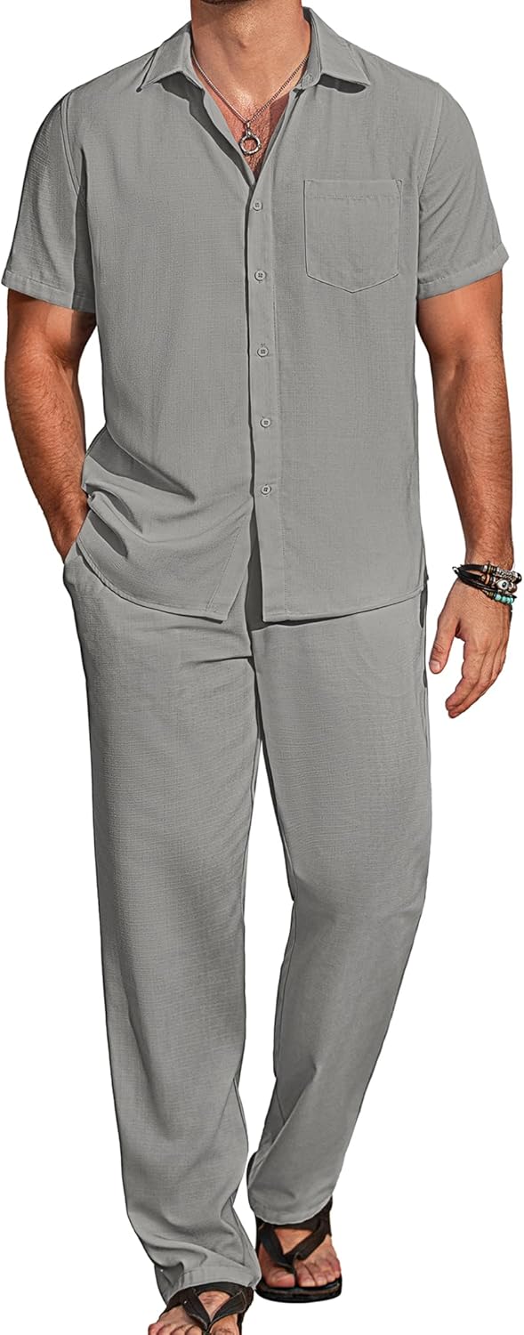 COOFANDY Mens 2 Piece Casual Beach Outfits Short Sleeve Button Down Shirts Summer Loose Pant Sets Vacation Walking Outfits